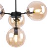 Lampa wisząca czarna metalowa konstrukcja, 4 klosze kule z miodowego szkła,15 cm, złote wykończenie E14