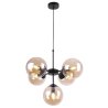 Lampa wisząca czarna metalowa konstrukcja, 5 kloszy kule z miodowego szkła, 15 cm, czarne wykończenie, E14
