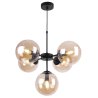 Lampa wisząca czarna metalowa konstrukcja, 5 kloszy kule z miodowego szkła, 15 cm, czarne wykończenie, E14