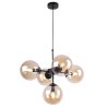 Lampa wisząca czarna metalowa konstrukcja, 5 kloszy kule z miodowego szkła, 15 cm, czarne wykończenie, E14