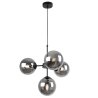 Lampa wisząca czarna metalowa konstrukcja, 4 klosze kule z przydymionego szkła, 15 cm, czarne wykończenie, E14