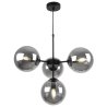 Lampa wisząca czarna metalowa konstrukcja, 4 klosze kule z przydymionego szkła, 15 cm, czarne wykończenie, E14