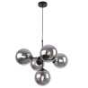 Lampa wisząca czarna metalowa konstrukcja, 5 kloszy kule z przydymionego szkła, 15 cm, czarne wykończenie, E14
