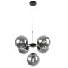 Lampa wisząca czarna metalowa konstrukcja, 5 kloszy kule z przydymionego szkła, 15 cm, czarne wykończenie, E14