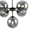 Lampa wisząca czarna metalowa konstrukcja, 5 kloszy kule z przydymionego szkła, 15 cm, czarne wykończenie, E14