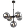 Lampa wisząca czarna metalowa konstrukcja, 5 kloszy kule z przydymionego szkła, 15 cm, złote wykończenie, E14