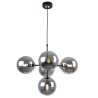 Lampa wisząca czarna metalowa konstrukcja, 5 kloszy kule z przydymionego szkła, 15 cm, złote wykończenie, E14