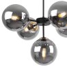 Lampa wisząca czarna metalowa konstrukcja, 5 kloszy kule z przydymionego szkła, 15 cm, złote wykończenie, E14