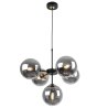 Lampa wisząca czarna metalowa konstrukcja, 5 kloszy kule z przydymionego szkła, 15 cm, złote wykończenie, E14