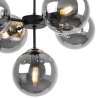 Lampa wisząca czarna metalowa konstrukcja, 5 kloszy kule z przydymionego szkła, 15 cm, złote wykończenie, E14