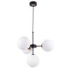 Lampa wisząca czarna metalowa konstrukcja, 4 klosze kule z mlecznego szkła, 15 cm, złote wykończenie, E14