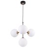 Lampa wisząca czarna metalowa konstrukcja, 4 klosze kule z mlecznego szkła, 15 cm, złote wykończenie, E14