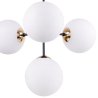 Lampa wisząca czarna metalowa konstrukcja, 4 klosze kule z mlecznego szkła, 15 cm, złote wykończenie, E14