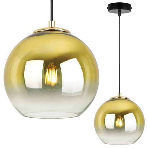 OUTLET -10% Lampa wisząca ze szklanym kloszem złotym w kształcie kuli 20 cm, okrągła podsufitka 10 cm, E27