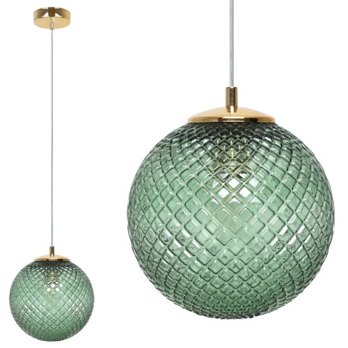 Lampa wisząca CANNES, sufitowa, pojedynczy żyrandol, zielony kryształ, kula, nad stół, glamour