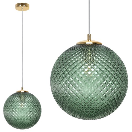 Lampa wisząca CANNES, pojedyncza, kryształowa szklana kula, zielona, złote dodatki, elegancka