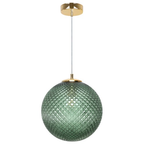 Lampa wisząca CANNES, pojedyncza, kryształowa szklana kula, zielona, złote dodatki, elegancka