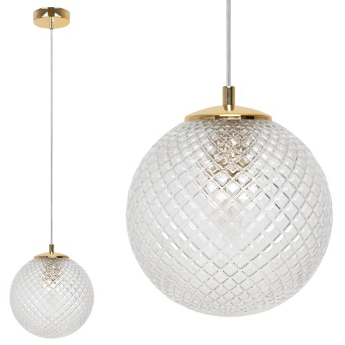 Lampa wisząca CANNES, sufitowa, przezroczysta kryształowa kula glamour, złote akcenty, 20cm