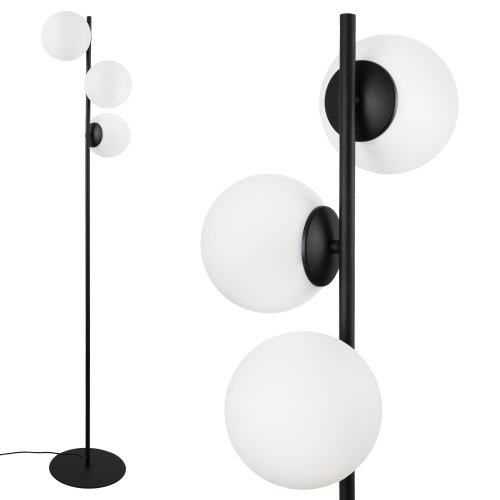 Lampa stojąca podłogowa SIENA, do salonu, sypialni, czarna, białe szklane kule, potrójna, E14