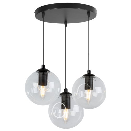 Regulowana lampa wisząca, okrągła podsufitka, 3 klosze kula 14 cm, przeźroczyste szkło, E27