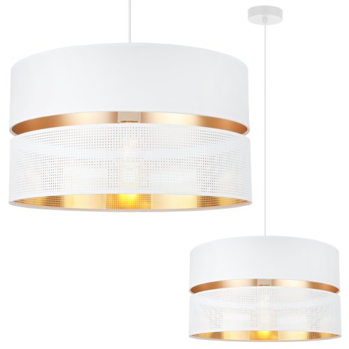 Lampa sufitowa wisząca ASTI, biało-złoty podwójny abażur w stylu glamour, siatka, do sypialni i salonu