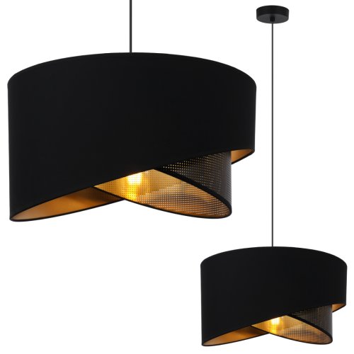 Lampa sufitowa wisząca ASTI, abażur skos, asymetryczny, ażurowy, czarno-złoty, do salonu, jadalni, pokoju