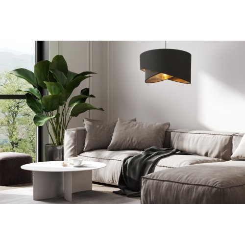 Lampa sufitowa wisząca ASTI, abażur skos, asymetryczny, ażurowy, czarno-złoty, do salonu, jadalni, pokoju