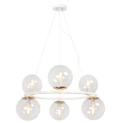 Lampa sufitowa wisząca AURA, nowoczesny glamour, biało-złoty żyrandol ring ze szklanymi kulami