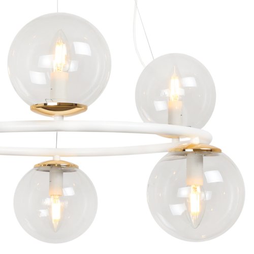 Lampa sufitowa wisząca AURA, nowoczesny glamour, biało-złoty żyrandol ring ze szklanymi kulami