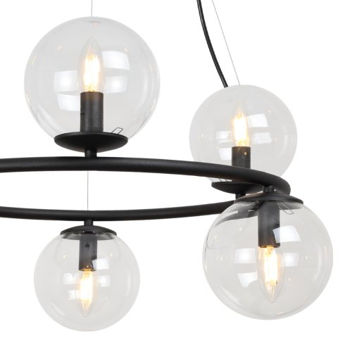 Lampa sufitowa wisząca AURA, żyrandol ring kule z przezroczystymi szklanymi kloszami, styl loft