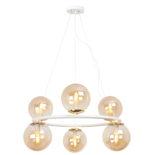 Lampa sufitowa wisząca żyrandol AURA, biało-złoty ring nad stół lub wyspę, topazowe kule ze szkła