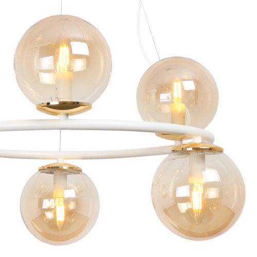 Lampa sufitowa wisząca żyrandol AURA, biało-złoty ring nad stół lub wyspę, topazowe kule ze szkła