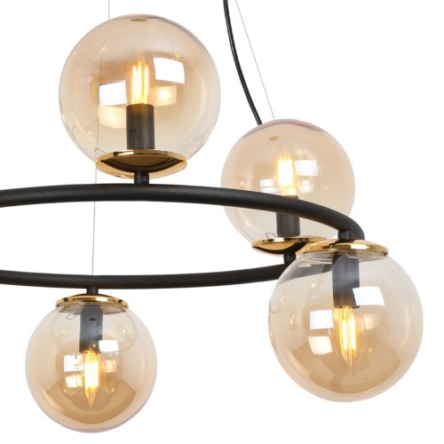 Lampa sufitowa wisząca AURA, nowoczesny glamour, czarna obręcz z miodowymi kloszami