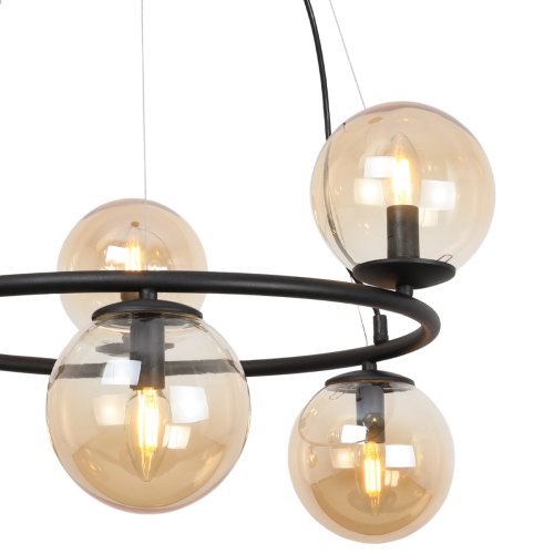 Lampa sufitowa wisząca AURA, czarny ring, miodowe szklane kule, styl nowoczesny, do salonu