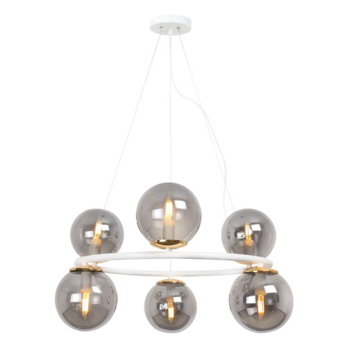 Lampa sufitowa wisząca AURA, biało-złoty żyrandol kuchenny typu ring, sześć szklanych kul, E14