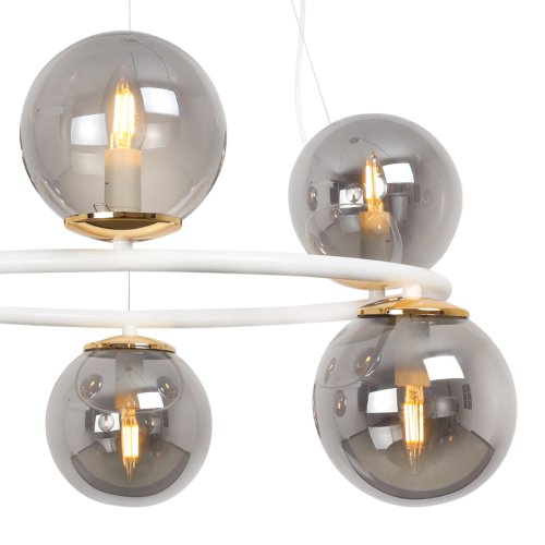 Lampa sufitowa wisząca AURA, biało-złoty żyrandol kuchenny typu ring, sześć szklanych kul, E14