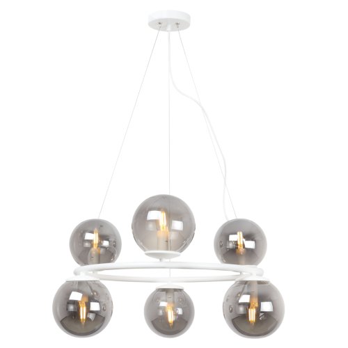 Lampa sufitowa wisząca żyrandol AURA, duża biała obręcz, grafitowe szklane kule, nad stół i wyspę