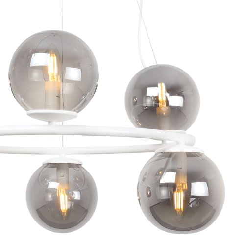 Lampa sufitowa wisząca żyrandol AURA, duża biała obręcz, grafitowe szklane kule, nad stół i wyspę