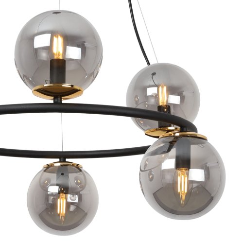 Lampa sufitowa wisząca AURA, czarny żyrandol typu ring, szklane grafitowe kule, styl loft, nad stół