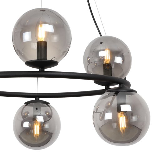 Lampa sufitowa wisząca AURA, czarny ring z grafitowymi szklanymi kloszami, styl molekularny