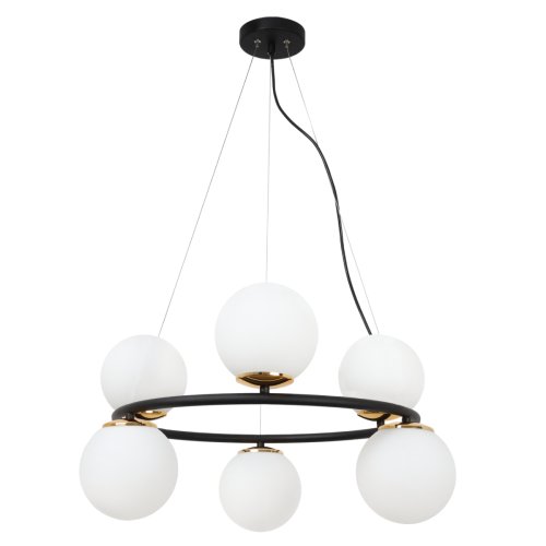Lampa sufitowa wisząca AURA, czarno-złota konstrukcja, białe szklane kule, styl nowoczesny