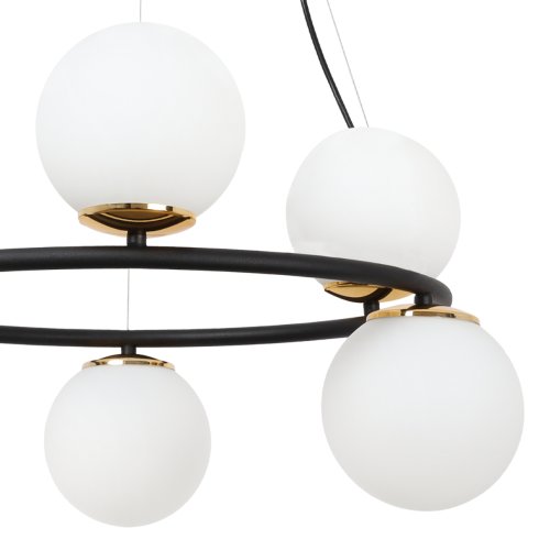 Lampa sufitowa wisząca AURA, czarno-złota konstrukcja, białe szklane kule, styl nowoczesny