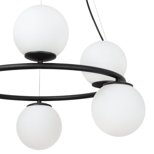 Lampa sufitowa wisząca AURA, czarna, żyrandol typu ring, sześć białych szklanych kloszy, E14