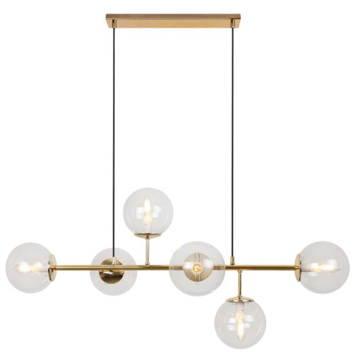 Lampa sufitowa wisząca SIENA, złoty długi żyrandol ze szklanymi kloszami w kształcie kuli, 6 źródeł