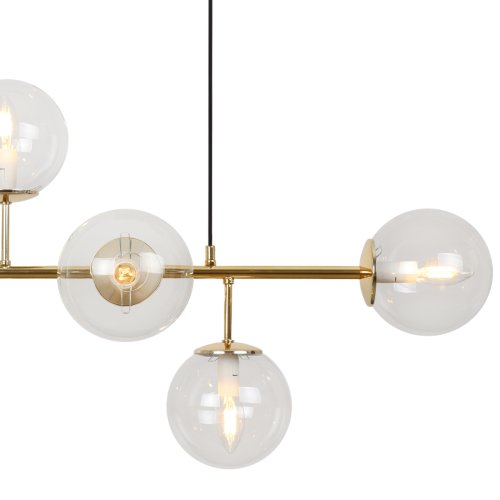 Lampa sufitowa wisząca SIENA, złoty długi żyrandol ze szklanymi kloszami w kształcie kuli, 6 źródeł