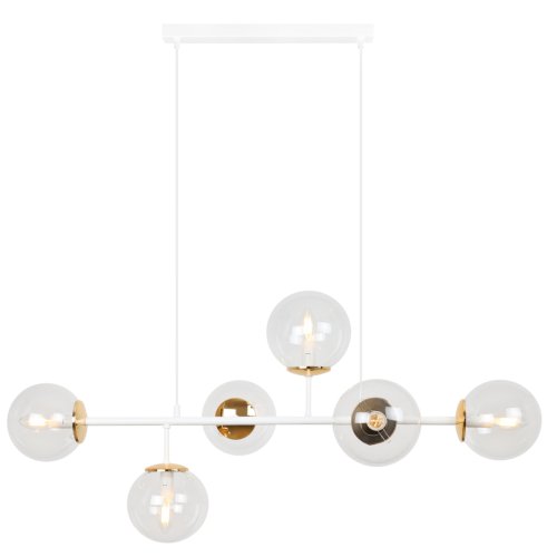 Lampa sufitowa wisząca SIENA, biało-złota listwa glamour z przezroczystymi kloszami w kształcie kuli