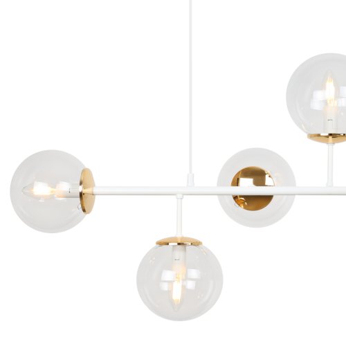 Lampa sufitowa wisząca SIENA, biało-złota listwa glamour z przezroczystymi kloszami w kształcie kuli