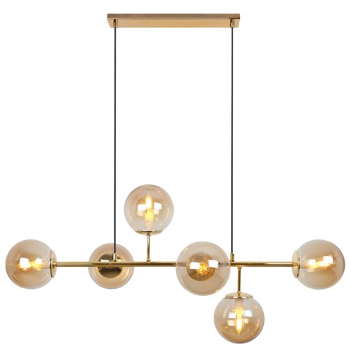 Lampa sufitowa wisząca SIENA, złoty żyrandol z kloszami w kolorze topazowym, szklane kule, loft