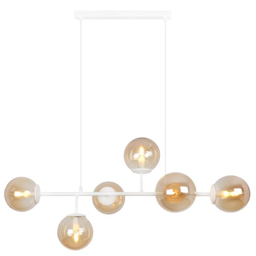 Lampa sufitowa wisząca żyrandol SIENA, biała listwa, sześć szklanych kloszy w kolorze topazowym