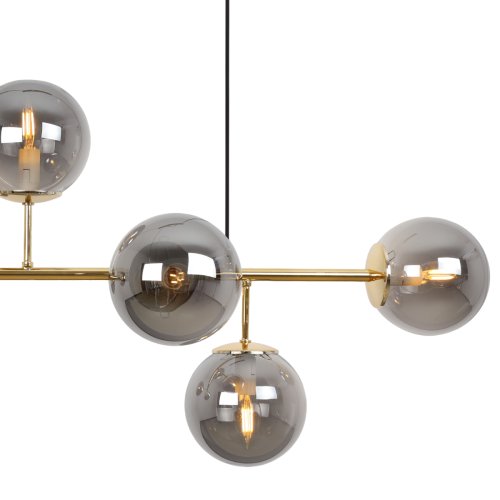 Lampa sufitowa wisząca SIENA, złota konstrukcja, żyrandol z grafitowymi kloszami, 6 źródeł